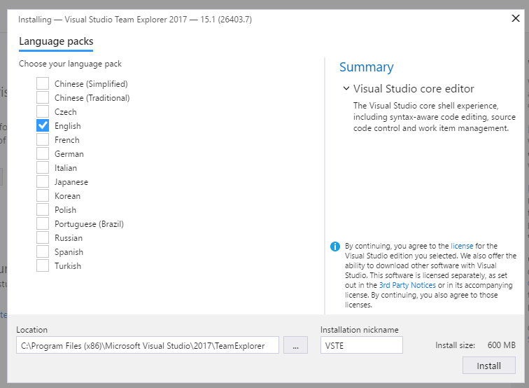 Visual Studio Team Explorer 2017 VSTE Installing